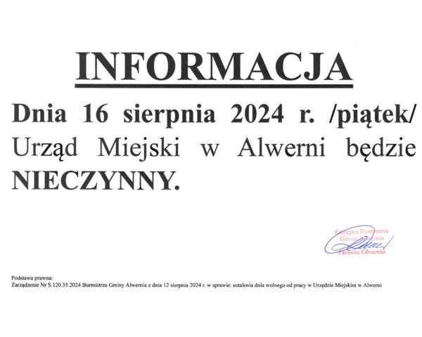 16 sierpnia Urząd Miejski w Alwerni będzie nieczynny