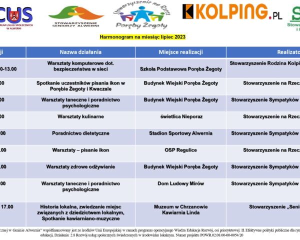 Grafik wydarzeń realizowanych przez stowarzyszenia z terenu Gminy Alwernia na lipiec