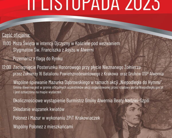 W sobotę, 11 Listopada uczcimy w Alwerni Narodowe Święto Niepodległości