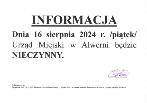 16 sierpnia Urząd Miejski w Alwerni będzie nieczynny