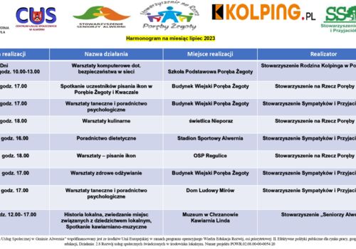 Grafik wydarzeń realizowanych przez stowarzyszenia z terenu Gminy Alwernia na lipiec