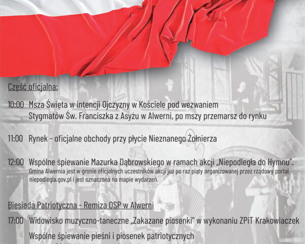 "Niepodległa do hymnu" - Zapraszamy na uroczystości patriotyczne do Alwerni